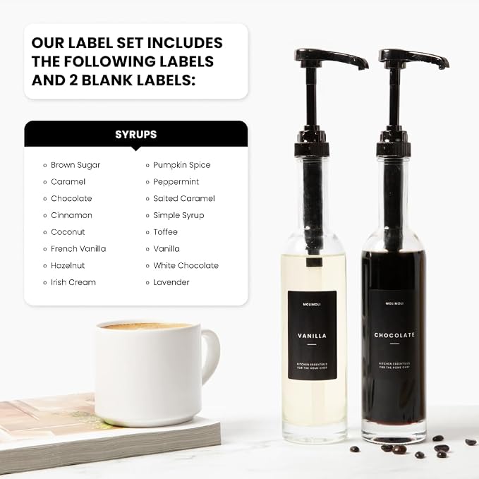 Molimoli Set of 4, 350ml, Coffee Syrup Dispenser for Coffee Bar, Coffee Pump Dispenser, Glass Syrup Bottle w. Pumps, Simple Syrup Dispenser w. Labels (Black) - Image 4