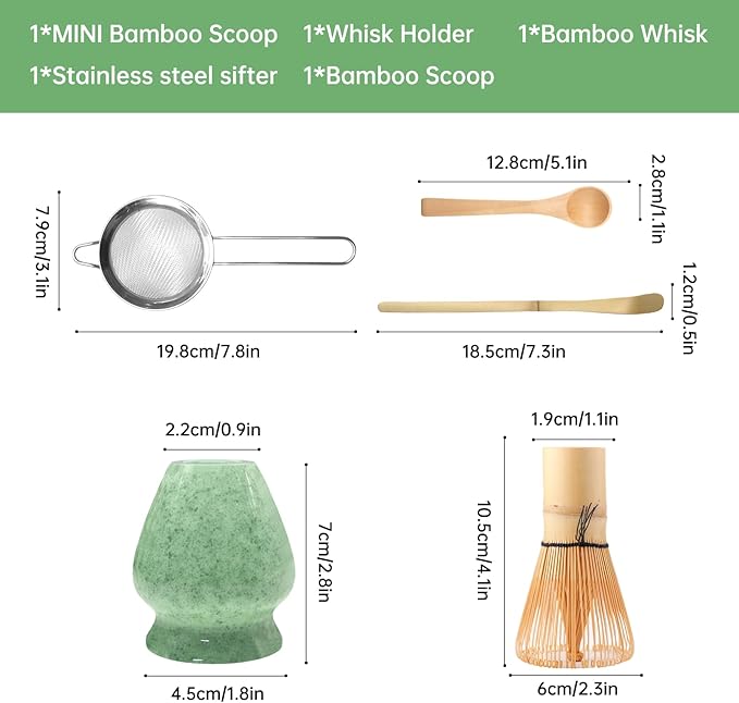 Matcha Whisk Set Green 5PCS Matcha Whisk and bowl(Chawan) With Matcha Spoon and sifter Matcha Kit for Ceremony Matcha Tea Set Gift for Matcha Lovers