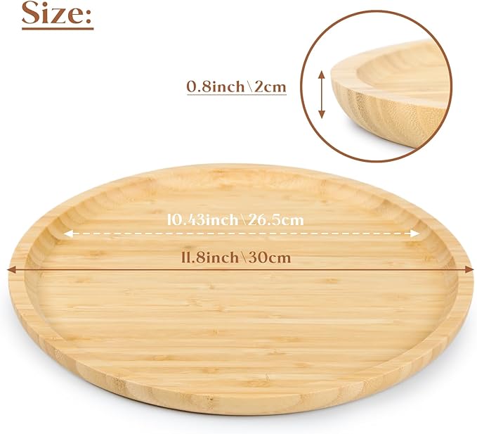 Bamboo Serving Platter, Round Wood Tray, Wooden Serving Tray, Fruit, Bread, Salad Plate, Round Wood Charcuterie Board, 11.8 inch