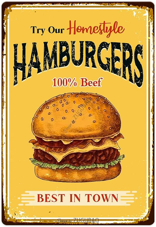 Hamburgers Tin Signs Vintage Metal Sign Funny Food Art Printing Poster Wall Decor for Home Kitchen Bar Restaurant Cafe Pub Indoor Outdoor 12x8 Inch Hanging Plaque by ZUGUBAQ