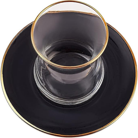 KARACA Turkish Tea Glasses Set for 6, 12-Piece Retro Anthracite Tea Set with Gold Trim, Traditional Turkish Tea Cups, Clear Glass Serving Set for Home & Entertaining