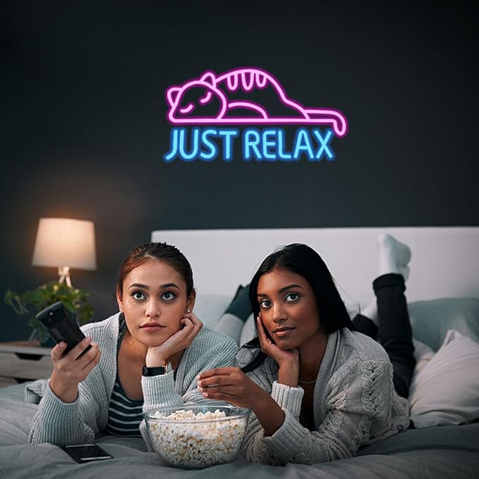 Cat Led Neon Sign Just Relax Words Neon Sign Pink Blue Led Signs for Wall Decor Animal Wall Art Neon Light Sign USB Powered for Pet Lover Party Bedroom Birthday Game Room Man Cave Gifts