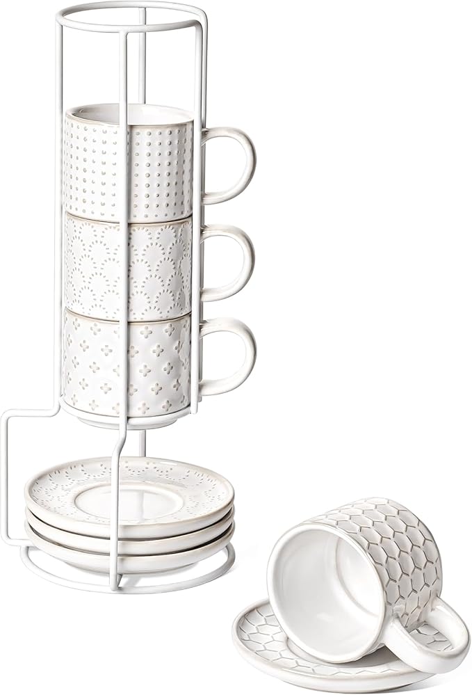 LE TAUCI Stackable Espresso Cups with Saucers and Stand, Set of 4, 4 oz Ceramic Coffee Cup Set for Double Shot, Lungo, Ristretto, Macchiato, Microwave & Oven Safe, Embossed, White