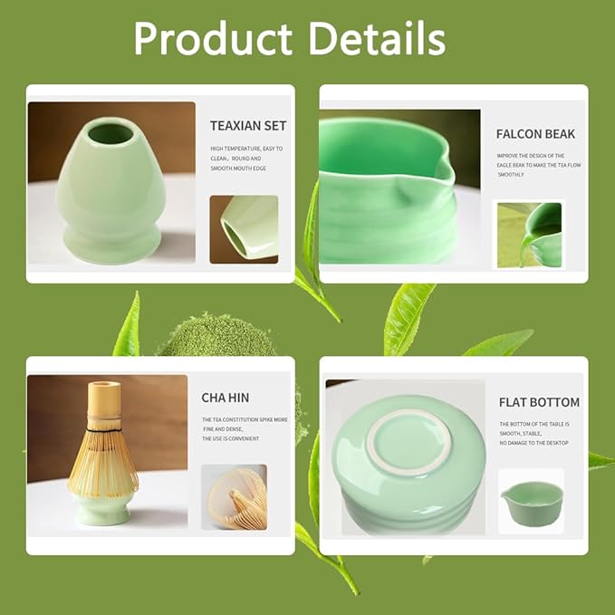 Matcha Whisk Set, Matcha Bamboo Whisk and Holder, Bamboo Scoop and Stainless Sifter, 5 Pcs Matcha Making Kit for Lover (Green)
