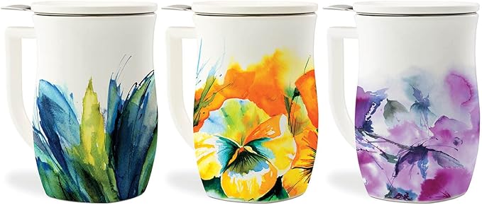 Tea Forte Ceramic Fiore Cup with Handle, Removeable Stainless Steel Infuser Basket and Lid, Steeps 14 oz Loose Leaf Tea, Dishwasher & Microwave Safe, Wild Poppy