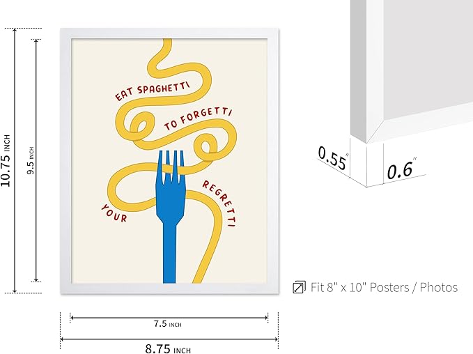 Poster Master Spaghetti Poster - Eat Spaghetti To Forgetti Your Regretti Print - Food & Drink Art - Gift for Chef, Cook - Fun Decor for Restaurant, Kitchen, Dining Room, 8x10 White Framed