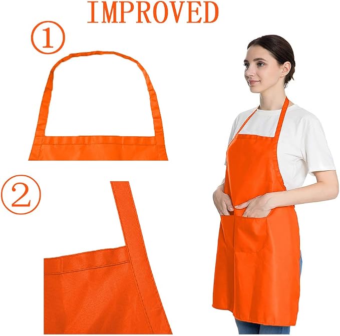 Total 6PCS Plain Color Bib Apron Adult Women Unisex Durable Comfortable with 2 Front Pocket Washable Chef for Cooking Baking Kitchen Restaurant Crafting Orange - Image 2