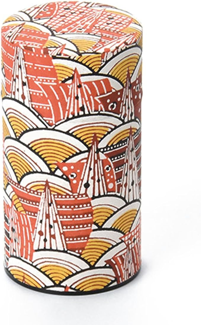 Japanese Pokkan Matcha Coffee Spice Tea Tin Canister Washi Paper Storage with Lid 7.05 oz Capacity (Modern Seigaiha)