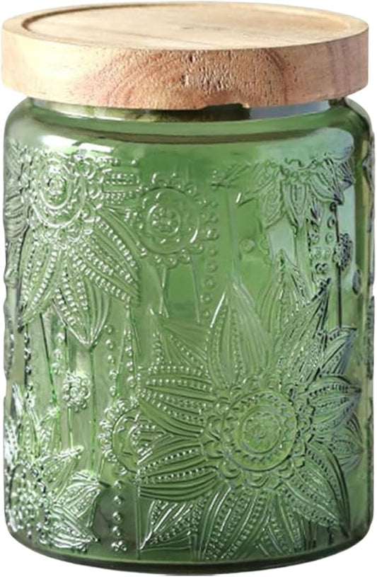 Glass Jar with Lid, Vintage Glass Storage Jars with Airtight Lid Coffee Canister Sugar Container for Kitchen Counter Pantry, Spice, Candy, Coffee Beans, Tea, Cookie (24 FL OZ Green Sunflower)