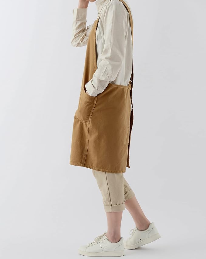 Japanese Cotton Linen Cross Back Apron with Pockets,Fashion Pinafore Dress for Gardening Painting Cleaning Cooking - Image 3