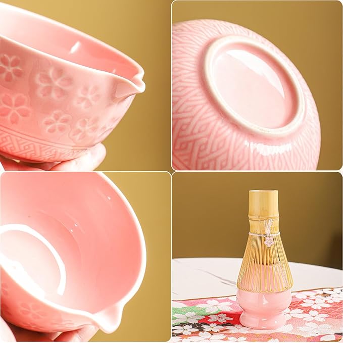 8-Piece Matcha Ceremony Set - Tea Kit with Cherry Blossom Bowl, Bamboo Whisk, Wood Scoops, Tea Cloth & Floral Display - Gift-Ready Pink Cherry color box (pink)