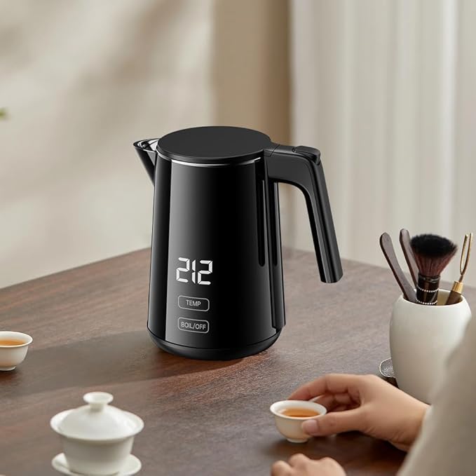 Smart Temperature Control Electric Kettle | 304 Stainless Steel Double-Wall Cool-Touch | 7 Preset Temperatures | 4-Hour Keep Warm | Auto Shut-Off & Boil-Dry Protection - Black