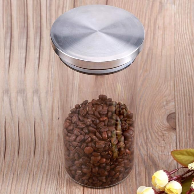 Bewinner Glass Coffee Bean Container, 1000ML Glass Storage Jar Coffee Beans Kitchen Food Container with Stainless Steel Lid for Use Storing Cookies, Sugar, Flour, Coffee(1000ML)
