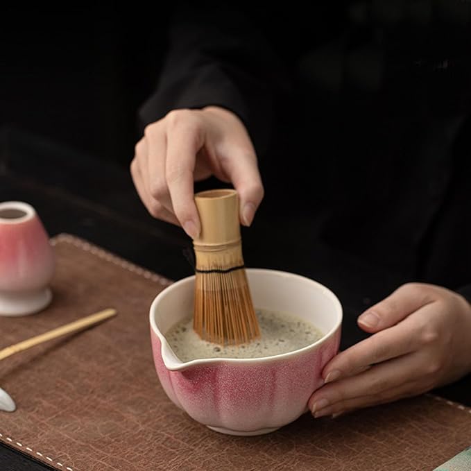 Matcha Whisk Set, Matcha Bowl with Spout, Whisk, Chasen Holder, Bamboo Scoop - 4 Pcs Perfect Kits for Matcha Lover and Tea Ceremony（Pink）