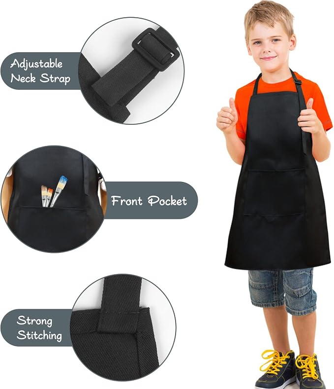 SINLAND Kids Aprons with Large Pocket 2 Pack | Adjustable Cooking Chef Aprons,Stain Resistant Toddler Apron for Baking Painting Gardening Boys Girls - Image 4