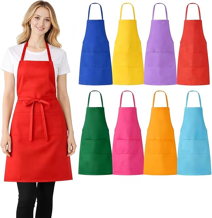 8 Pack Aprons Bulk with Pockets, Unisex Apron with Extra Long Ties for Chef, Cooking Classes, Painting, BBQ by NYMMOATA