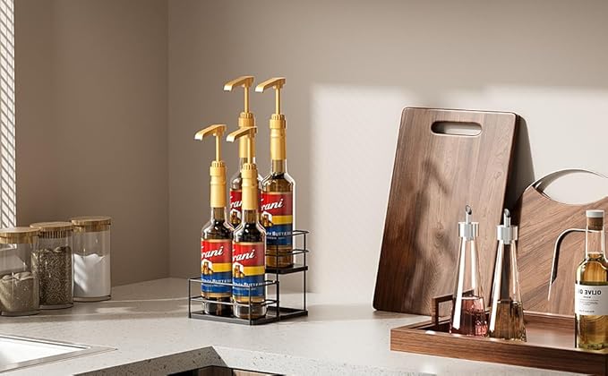 kimilus 4 Bottle Capacity Coffee Syrup Organizer 2 Tier Coffee Syrup Stand Shelf for Coffee Bar Kitchen Small Wine Rack for Bar Family Storage for Syrup Wine Dressing