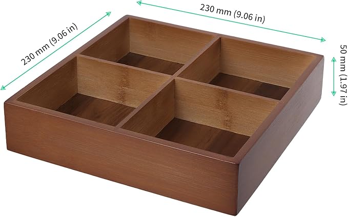 FUNSUEI 2 PCS Multi Compartment Wooden Tray, Divided Wooden Tray, Square Bamboo Trays with 4 Sections, Bamboo Divided Serving Trays Storage Box for Snacks Appetizers, 9 x 9 x 1.77 Inch