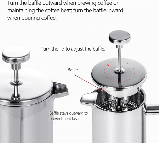 34oz Stainless Steel French Press Coffee Maker, Double Wall Insulated Thermal Coffee Press for Camping & Home, Plastic-Free with No Drip Spout & Multi-Layer Filter, 1 Liter