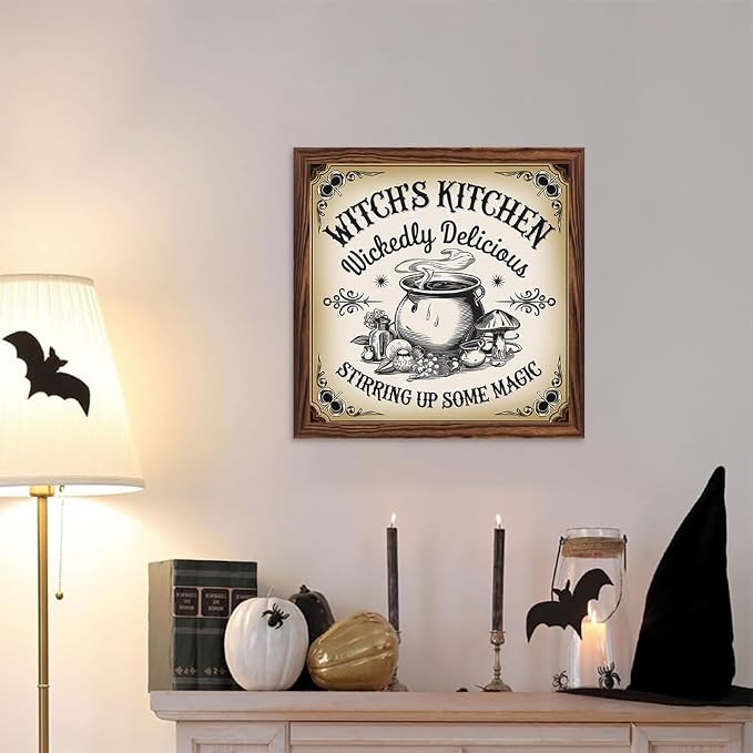 Vintage Halloween Witches Kitchen Stirring Up Some Magic Wooden Sign, With Frame Witch Cauldron Sign for Home Kitchen, Cafe, Bedroom Halloween Decor 7.87x7.87 Inch - Image 5