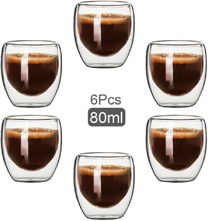 6-Pack Double Wall Espresso Cups, 80ml/2.7oz Insulated Glass Coffee Cups, Transparent Small Espresso Glasses Mugs for Cappuccino, Latte, Tea, Modern & Elegant Design(COLOR:Clear)