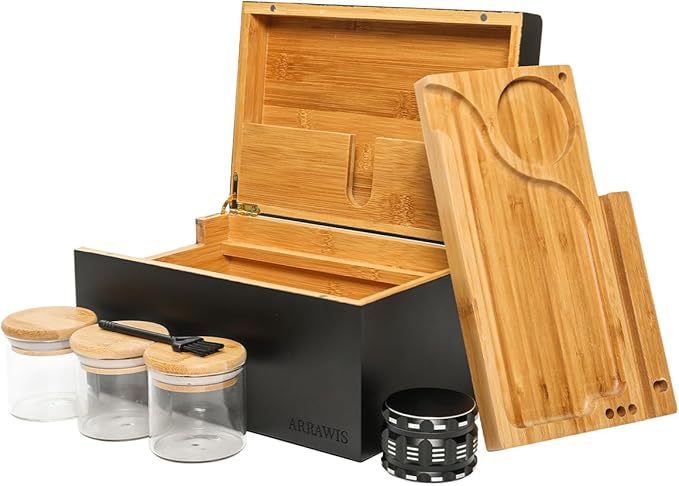 Large Bamboo Stash Box with Strong Magnetic Lid - Smell Proof Decorative Storage Box for Herbs, Spices & Keepsakes - Includes Removable Wood Tray and Glass Storage Jars - Natural & Discreet