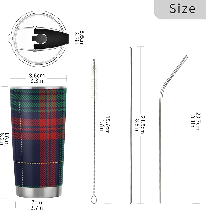 Tumbler Tartan Plaid Classic Red Green Insulated Coffee Cup Beverage Container Travel Mug with Straw and Lid Double Wall Stainless Steel 20oz BPA-Free for Sport, Back to School