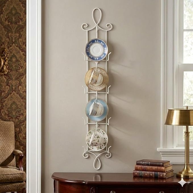 HOHIYA 2Pack Vertical Tea Cup and Saucer Display Rack 36 Inch Wall Mounted Teacup Holder for China Coffee Mugs and Collectible Cups Space-Saving Organizer Holds Up to 8 Cups and Saucers White