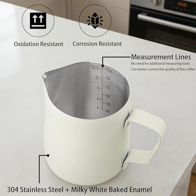 Milk Frother Cup, 20oz/600ml Milk Pitcher, Thickened 304 Stainless Steel Milk Frothing Pitcher for Espresso Coffee, Milk(White)