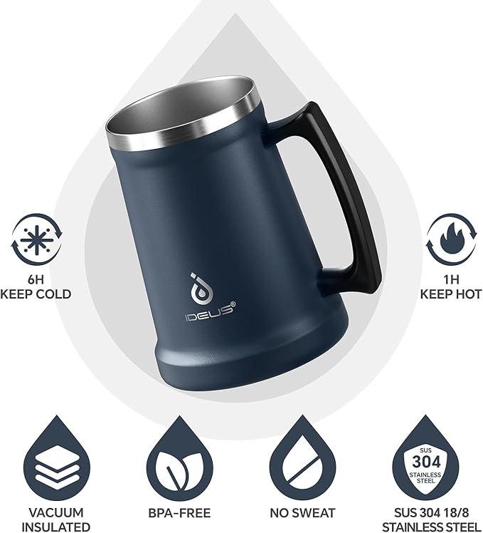 Ideus Insulated Beer Stein, 24/32oz Stainless Steel Double Walled Beer Mug Giant Bar Drinkware Metal Beer Cup with Big Grip Handle (Navy Blue, 34 ounces (1,000ml))