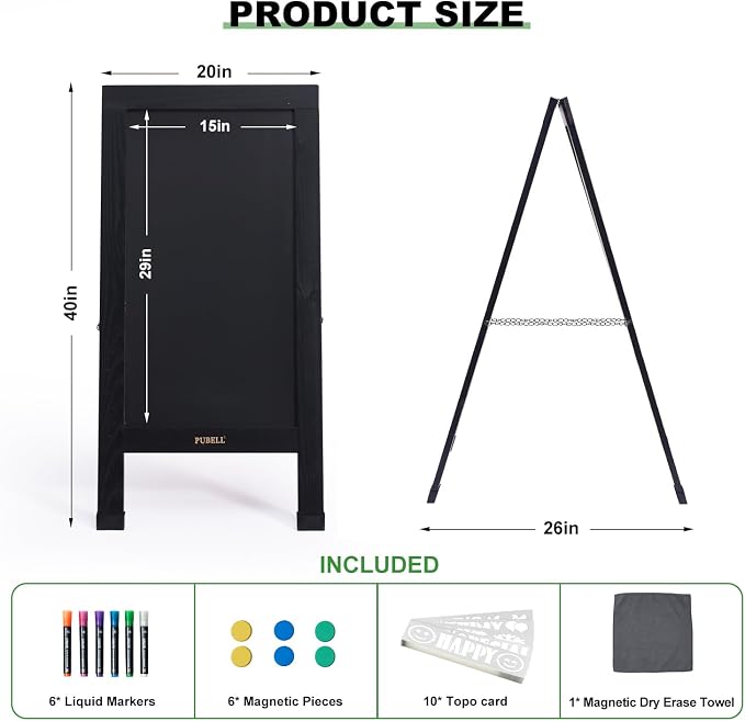 Large Sandwich A-Frame Chalkboard Sign - 40 x 20 Inches Magnetic Wooden Chalk Board for Sidewalk, Stand up Double-Sided Outdoor Easel Display for Restaurant Cafe Shop Wedding Party or Business（Black） - Image 2