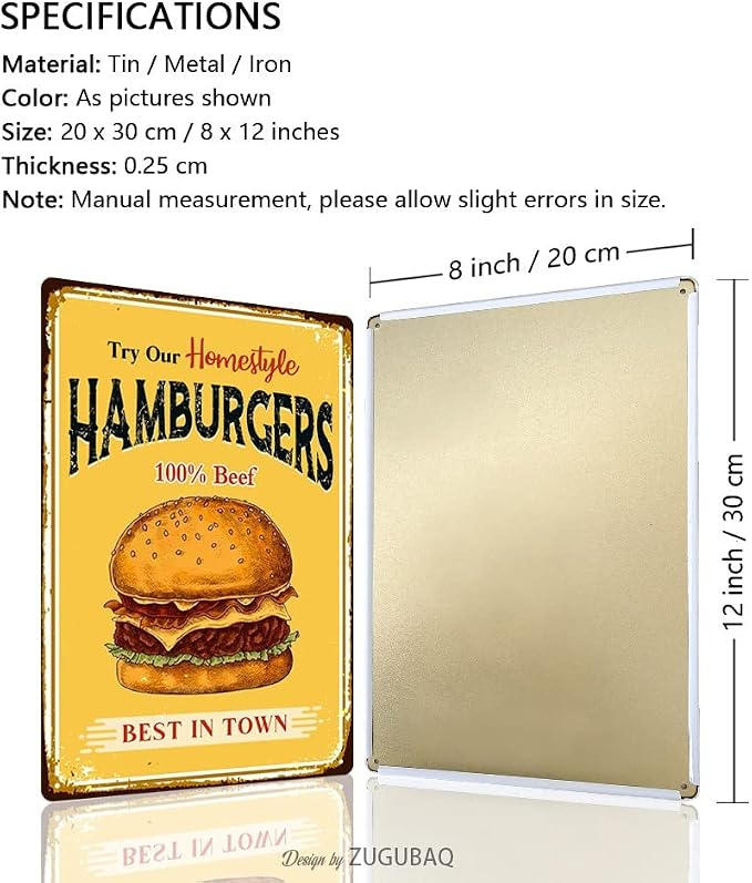 Hamburgers Tin Signs Vintage Metal Sign Funny Food Art Printing Poster Wall Decor for Home Kitchen Bar Restaurant Cafe Pub Indoor Outdoor 12x8 Inch Hanging Plaque - Image 2
