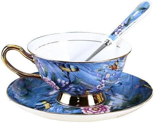 YBK Tech Euro Style Cup& Saucer Set Art Bone China Ceramic Tea Coffee Cup for Breakfast Home Kitchen- Birds and Trees Patterns (Blue Purple)