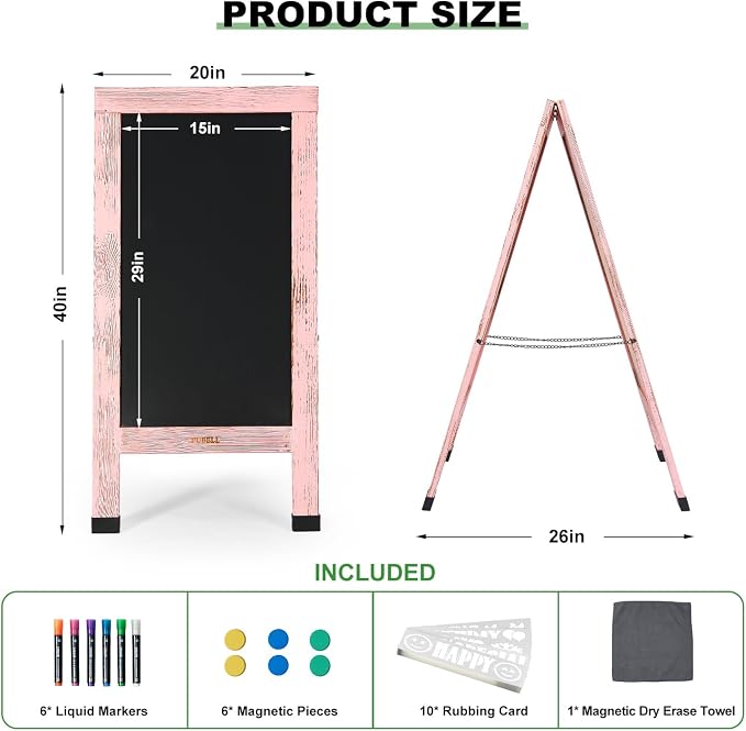 Large Sandwich A-Frame Chalkboard Sign - 40 x 20 Inches Pink Magnetic Wooden Chalk Board for Sidewalk, Stand up Double-Sided Outdoor Easel Display for Restaurant Cafe Shop Wedding Party or Business - Image 2