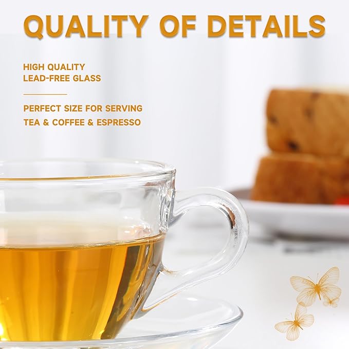 Glass Teacup and Saucer Set, 6 Pack Coffee Mug with Stainless Steel Spoon Suitable for Espresso Juice Cappuccino and More Beverage, 7OZ/210ML, Clear