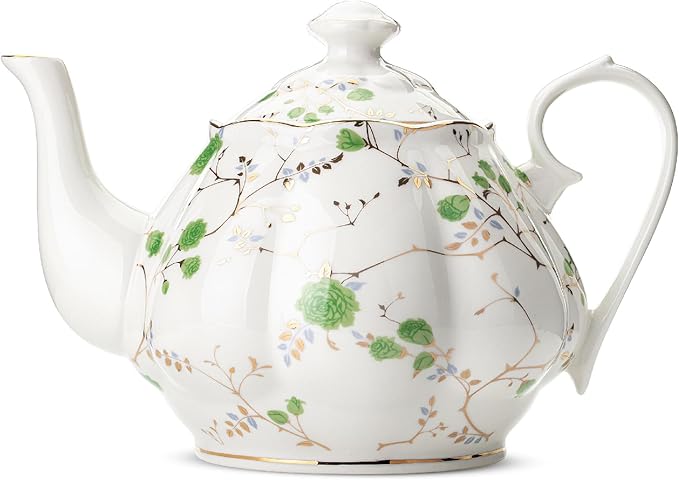 BTaT- Floral Tea Pot, 38 oz, White with Green Roses & Gold Trim, Porcelain Teapot Ceramic, Dishwasher Safe