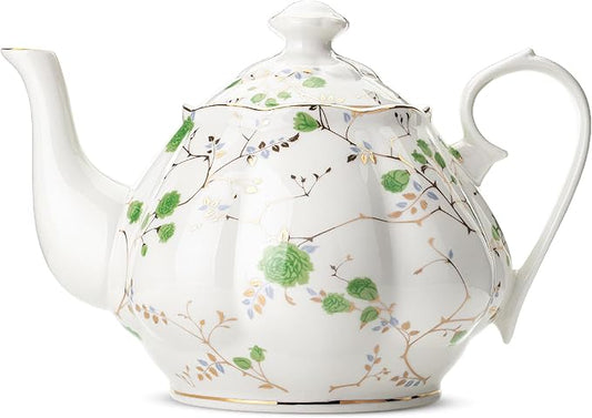 BTaT- Floral Tea Pot, 38 oz, White with Green Roses & Gold Trim, Porcelain Teapot Ceramic, Dishwasher Safe