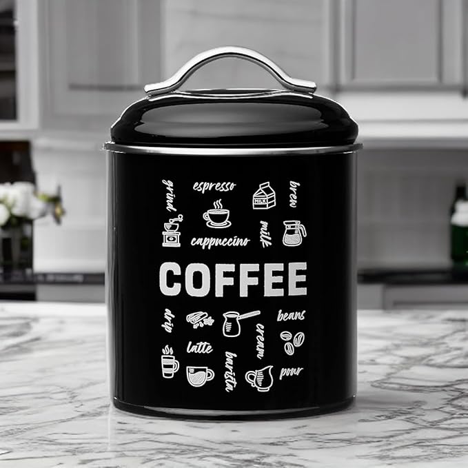 Amici Home Coffee Fix Metal Coffee Canister | Black Metal Storage Container with Handles | 36 Ounce Capacity | Coffee Canister with Lid for Kitchen Countertop