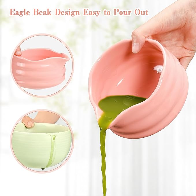 Matcha Whisk Set: 7 Pcs Ceramic Matcha Set with Bowl, Whisk, Holder, Scoop, Sifter, Rest & Towel – Japanese Matcha Kit Gift (Sakura Pink)