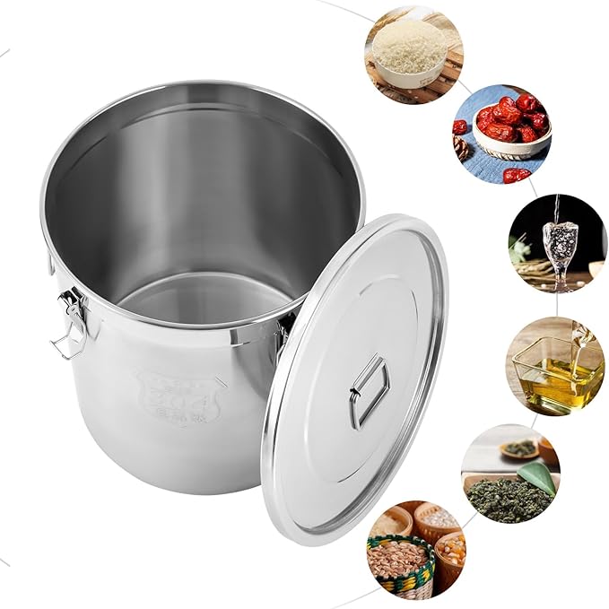 304 Stainless Steel Airtight Canister, Kitchen Metal Food Storage Canisters w/Airtight Lid & Locking Clamp, Cereal Container for Rice Flour Milk Coffee Bean, Silver (48L)