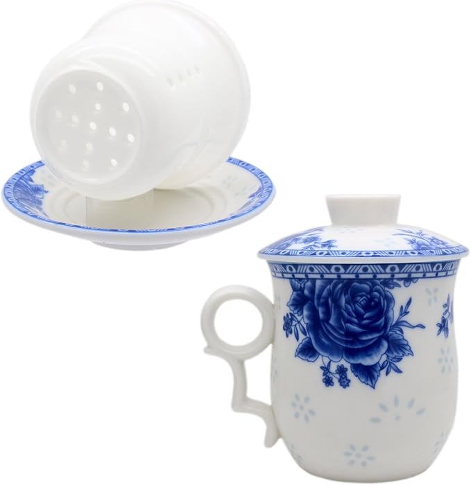 Porcelain Tea Cup with Infuser Lid and Saucer Sets - Chinese Jingdezhen Ceramics Coffee Mug Teacup Loose Leaf Tea Brewing System for Home Office