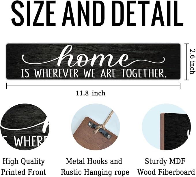 AGMDESIGN Home Is Wherever We Are Together Wood Sign, Rustic Family Reunion Decor, Wall Home Decor for Shelf Desk Door, Farmhouse Bedroom Wood Hanging Plaque, Great Gifts for Newlyweds Families - Image 2