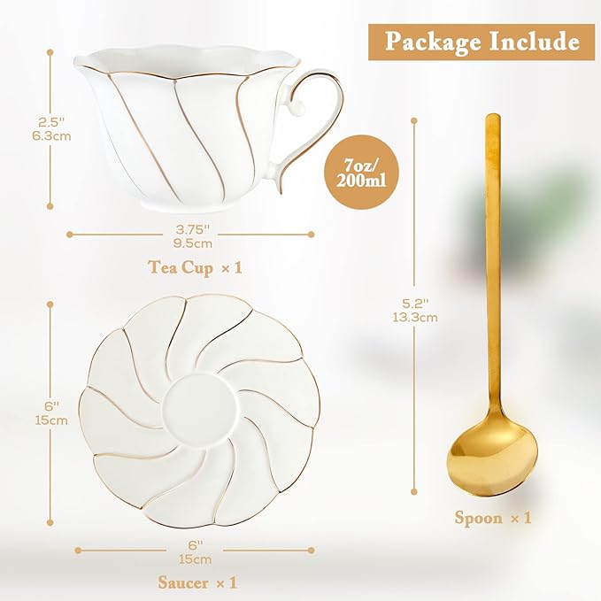 FUNLIO DUJUST Porcelain Tea Cup & Saucer Set, Luxury British Style, Golden Trim, Perfect for Living Room Decoration & Tea Party, Includes Tea Spoon