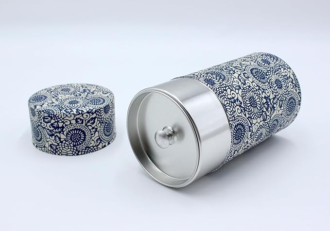 Japanese Pokkan Matcha Coffee Spice Tea Tin Canister Washi Paper Storage with Lid 7.05 oz Capacity (Kiku Karakusa)