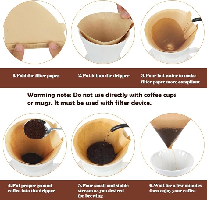 YQL 400 Count Coffee Filters, Size 02 Natural Brown Cone Filter Paper Compatible with Drip Makers and Pour Over Brewers, V-Shaped Unbleached Disposable Filters, Clean Taste & Strong Design