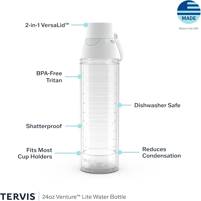 Tervis Venture Lite Clear & Colorful Lidded Made in USA Double Walled Insulated Tumbler Travel Cup Keeps Drinks Cold & Hot, 24oz Water Bottle, White Lid
