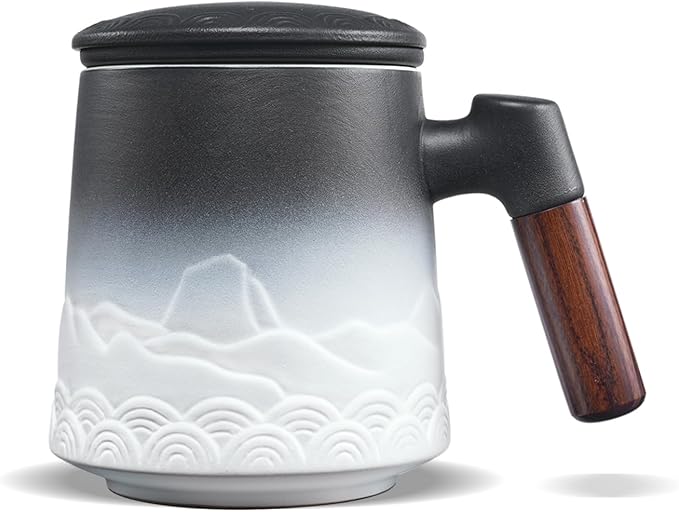 ZENS Tea Mug with Infuser and Lid for Loose Leaf Tea Steeper, 16.9oz Embossed Ceramic Tea Cup with Fine Strainers, Wood Handle Large Diffusers Mugs for Tea Lovers Gifts