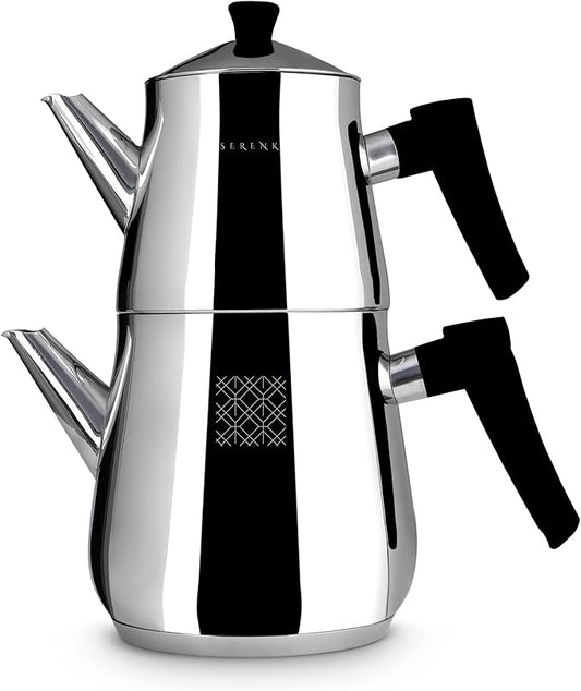 Serenk Definition Stainless Steel Teapot Set, 1L Teapot & 2L Lower Pot, Double-Stacked Design, Induction Compatible, Mirror Polished Finish, Tea Kettle for Home
