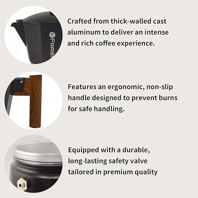 Stovetop Espresso Moka Pot Coffee Maker, Non-slip Wood Grain Handle, Cast Aluminum, Compatible with Gas, and Electric Stoves (Black, 9 cups)