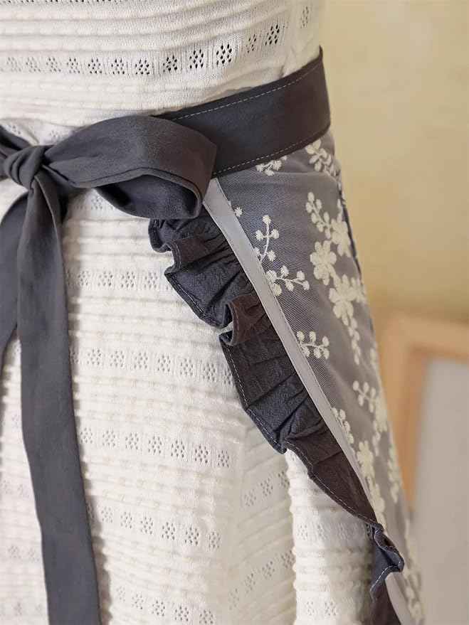 Unisex Chef Aprons White Retro Cotton Maid Short 2 Pockets Waist Waiter Waitress Half Apron - Image 9